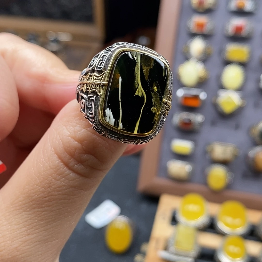 1****琥珀银S925镶嵌戒指琥珀