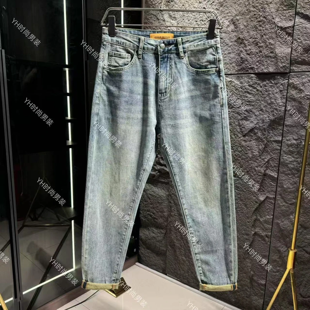 春季新款时尚潮流复古水洗弹力修身小脚牛仔裤休闲百搭刺绣长裤