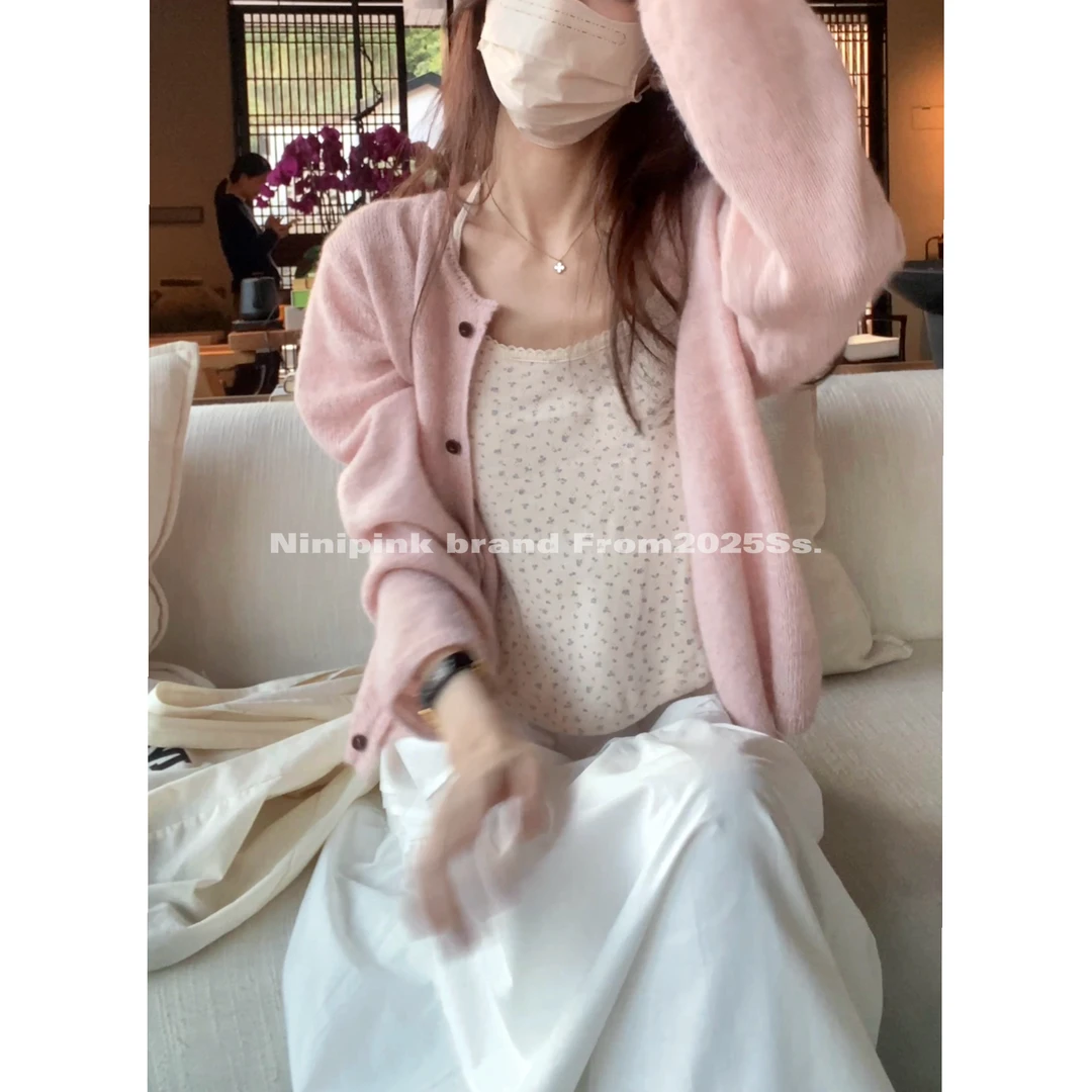 庄不腻春新款【洋娃娃】少女感花边挂脖系带碎花吊带修身上衣4320