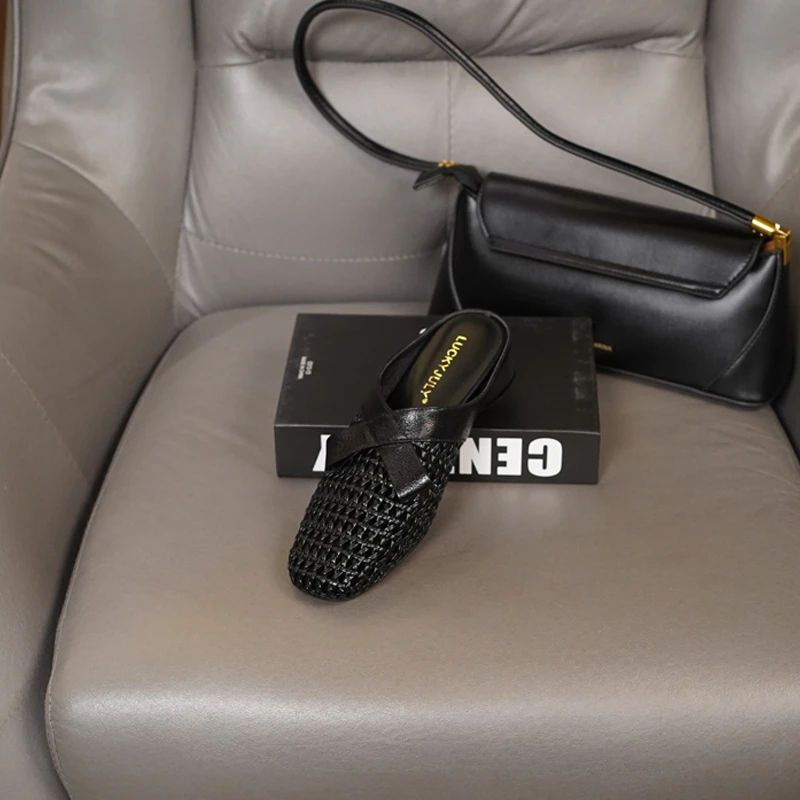 羊皮/3cm夏季时尚百搭外穿休闲穆勒鞋粗跟低跟包头方头镂空半拖鞋