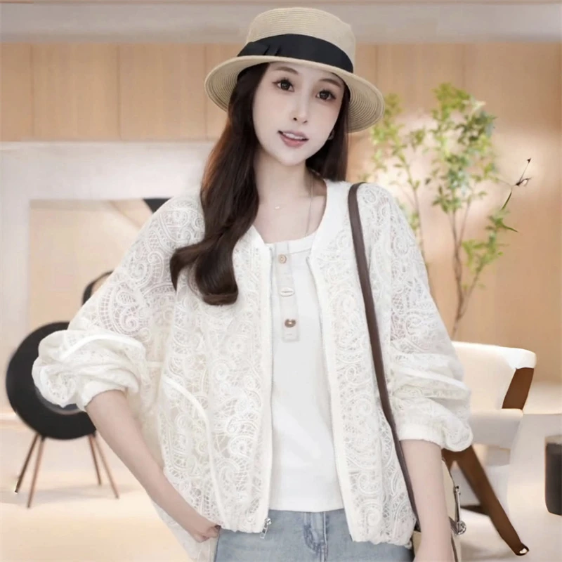 重工镂空蕾丝刺绣拉链短外套休闲宽松棒球服开衫防晒服2025春季女
