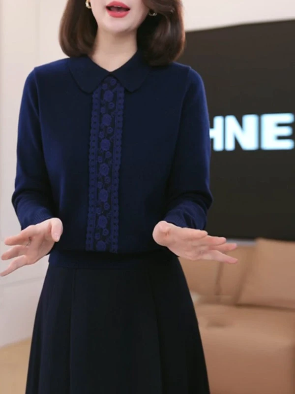 秋冬设计感打底套头衫复古风重工绣花翻领长袖针织毛衣上衣女