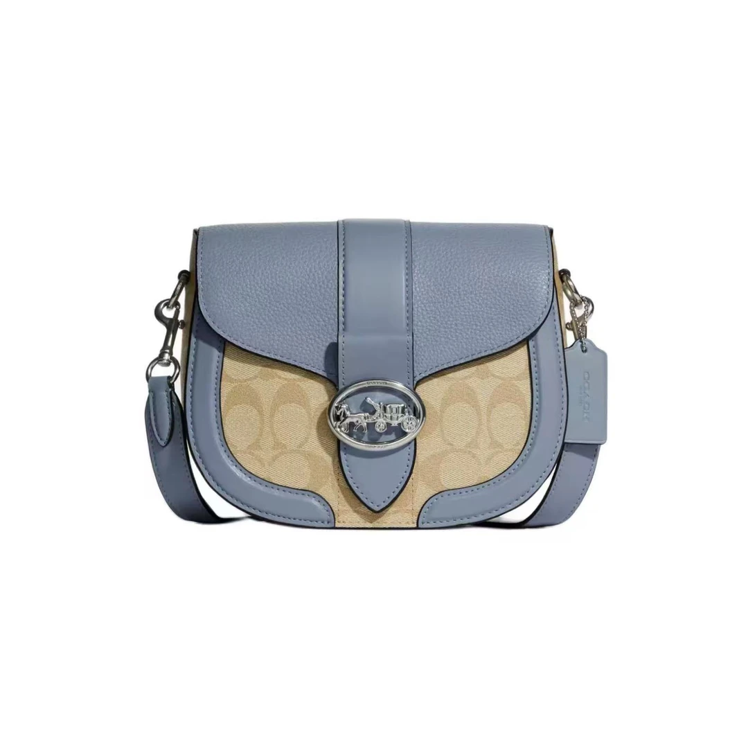 95新 COACH/蔻驰 95新/蔻驰奶茶色老花蓝马鞍包/A7087/21X17X6