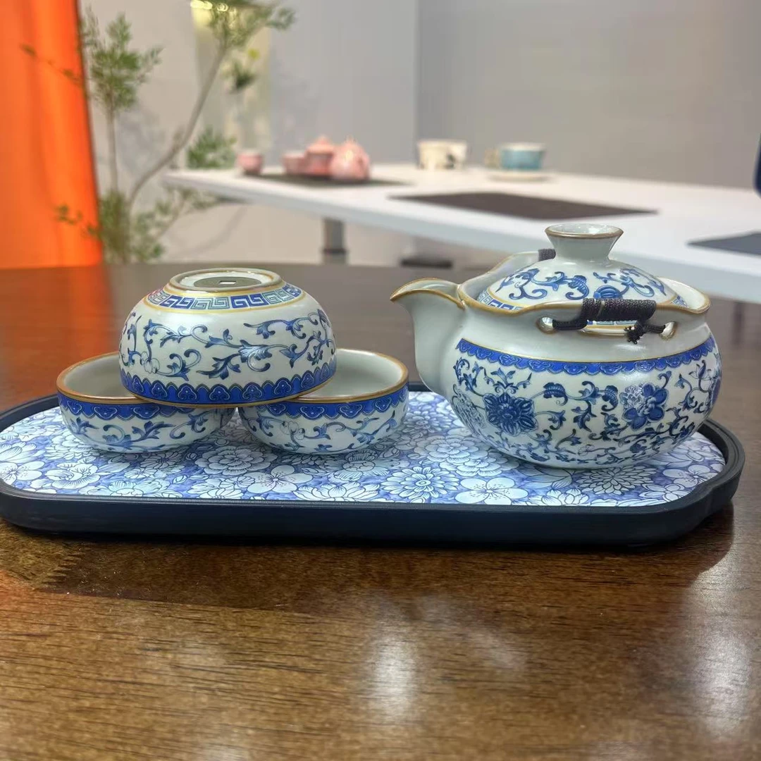 旅行套-青花汝窑手抓壶（一壶一大杯两小杯）+茶盘@z352（cp）