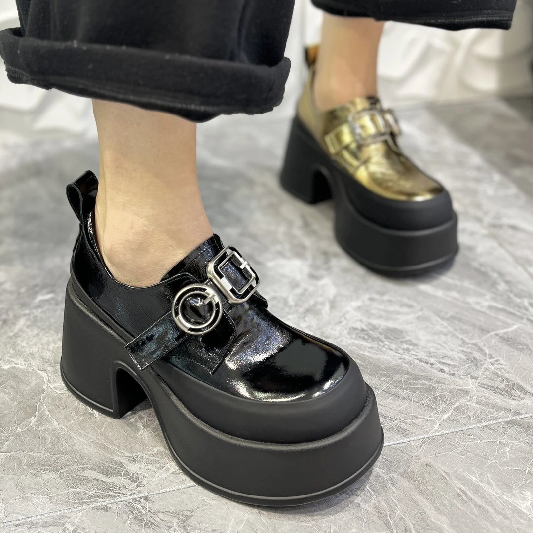 「LNRZ」2025春新款全皮厚底乐福女鞋粗跟单鞋拼色时松糕鞋