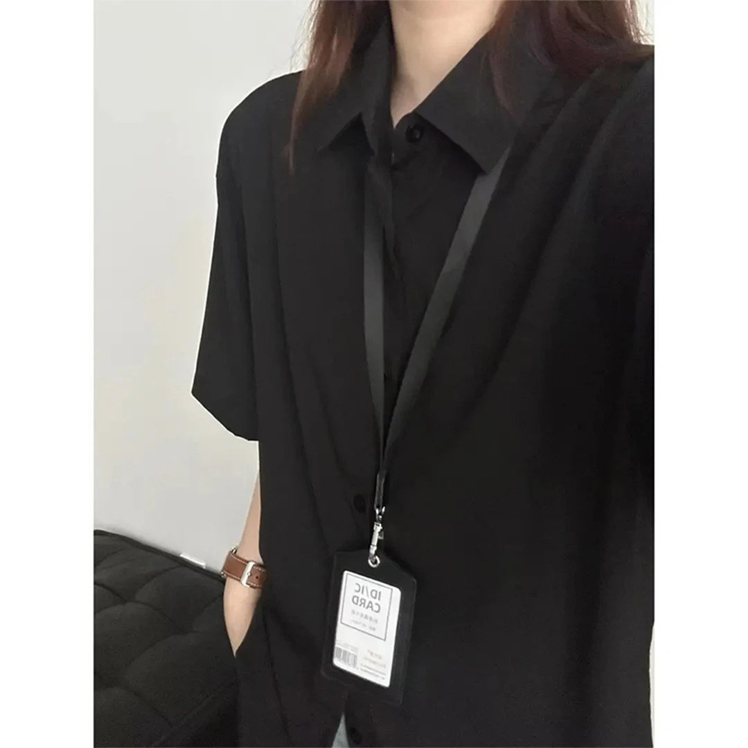 黑色冰丝短袖衬衫女夏薄款高级感休闲宽松jk衬衣中性风上班族穿搭