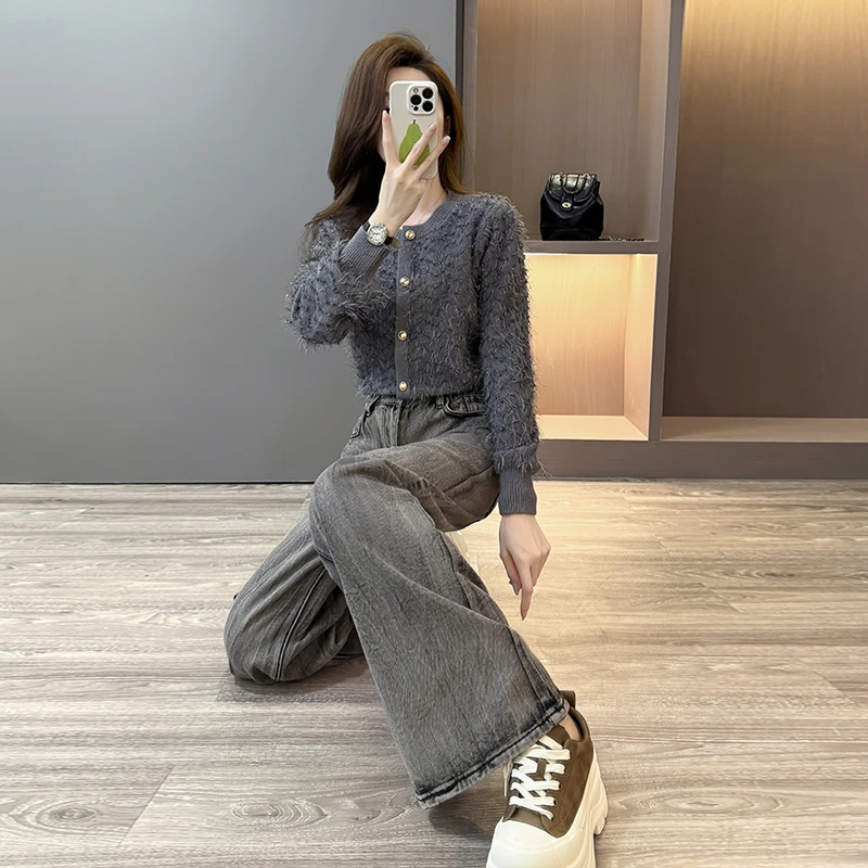 欧货重磅时尚设计感流苏圆领毛衣女春秋2025新款软糯宽松针织开衫