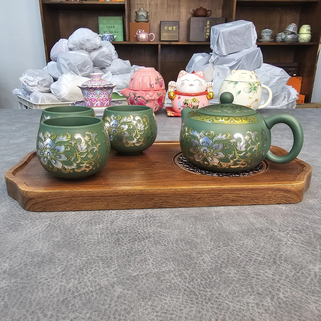 ZH2725-胡桃木干泡台茶盘+绿泥紫砂缠枝莲西施壶+绿泥紫砂客杯*3