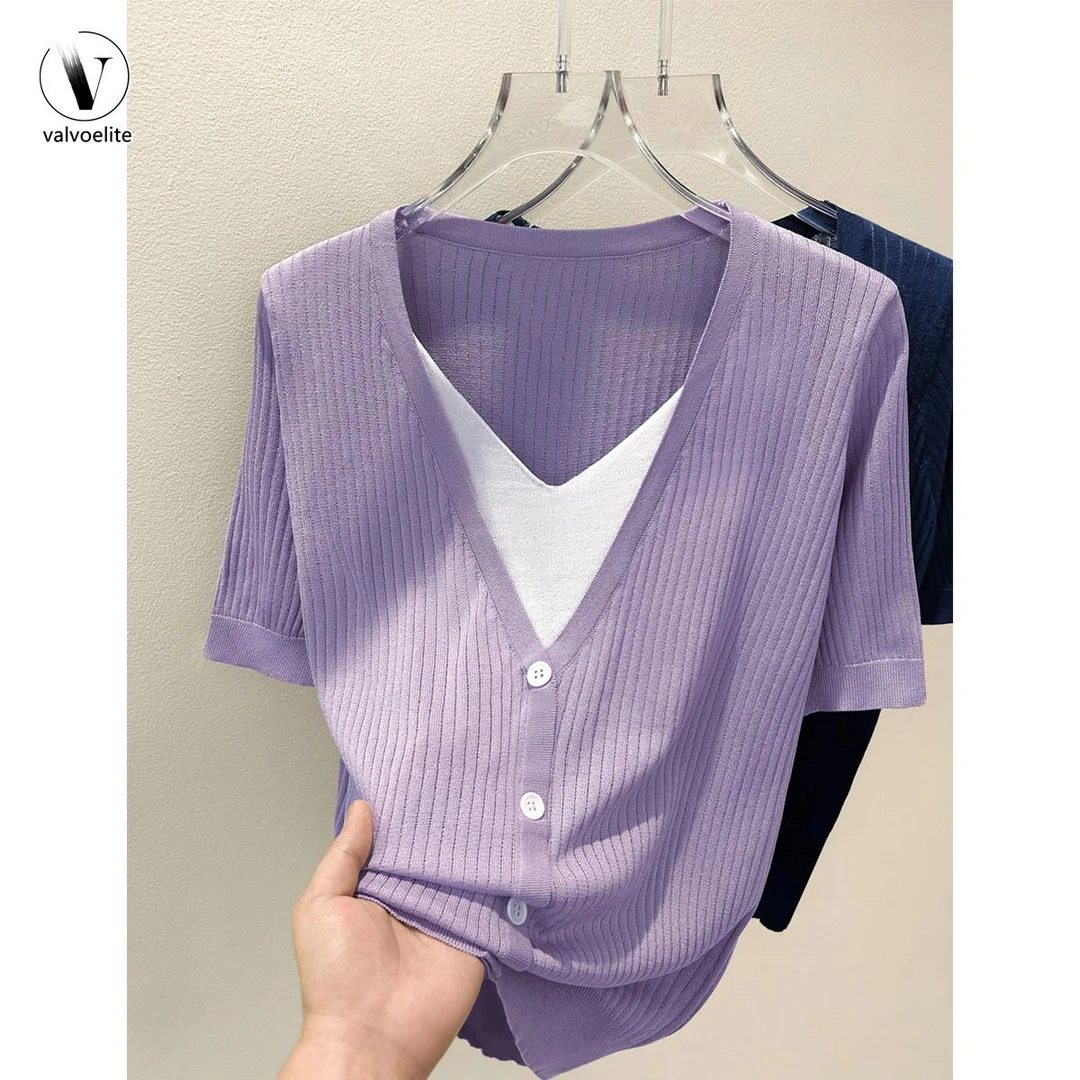 VALVOELITE夏季薄款宽松假两件短袖体恤女装新款单排扣针织衫上衣