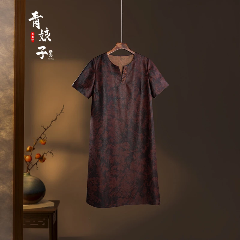 青娘子香云纱（澜初）复古扎染百搭简约短袖休闲气质连衣裙---60060