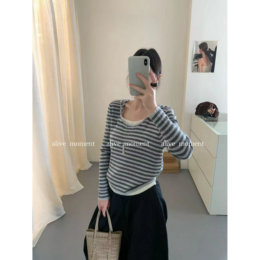 【NO退NO换】J-2507#简单干净！！不费力的纸片人感假两件连帽针织衫