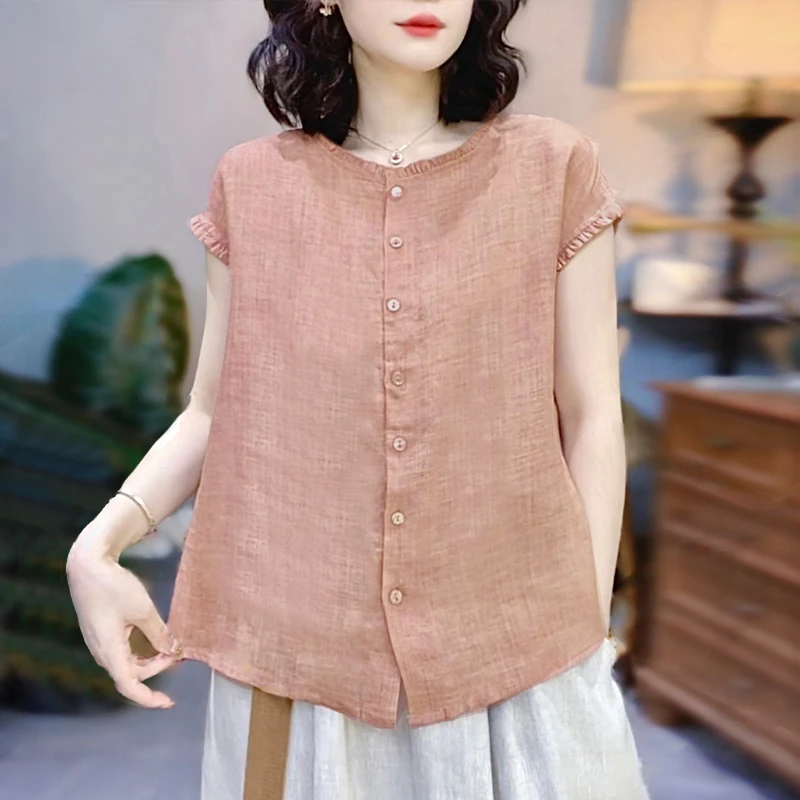 2025年夏季新款休闲木耳边圆领短袖衬衫女洋气减龄百搭显瘦上衣潮