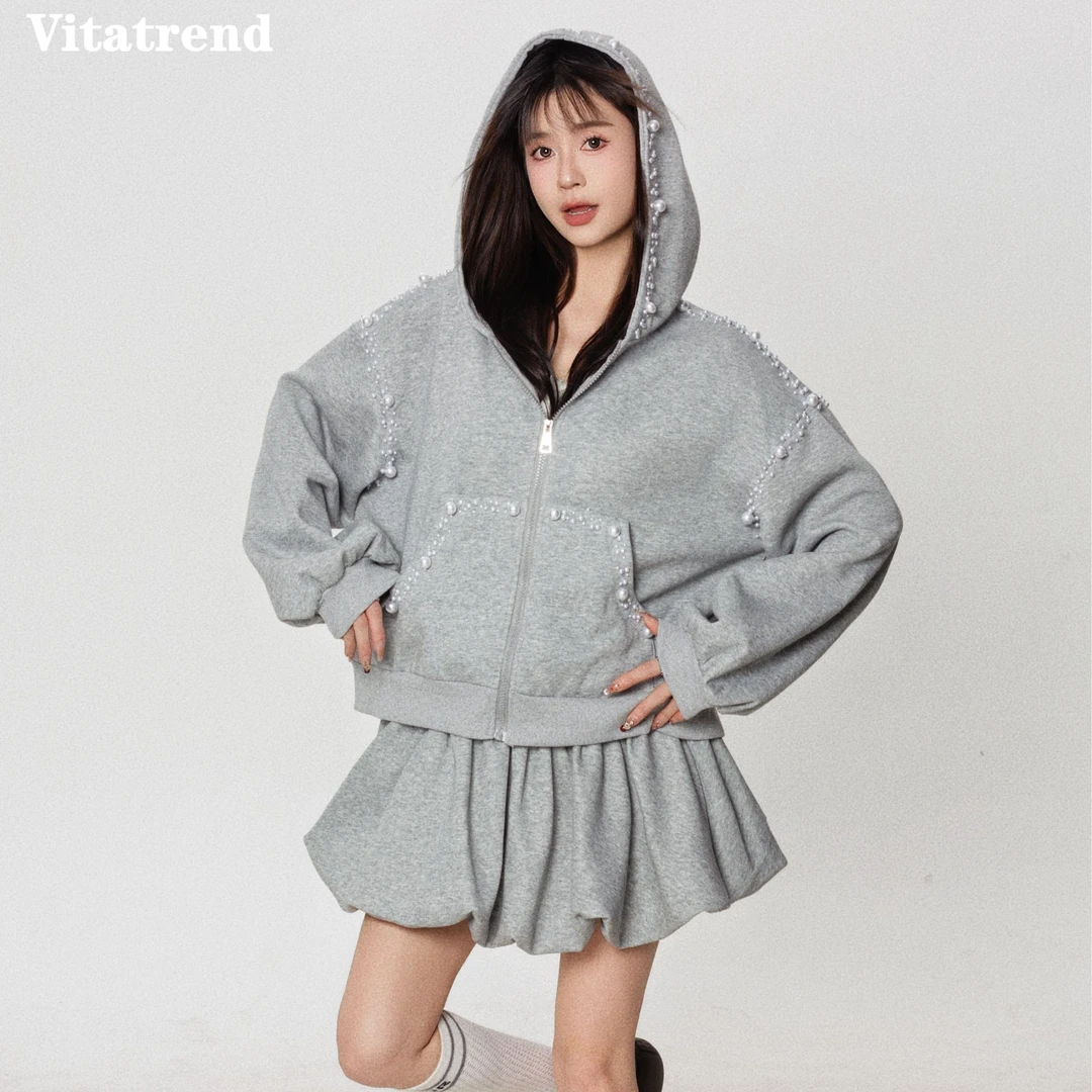 连帽拉链珍珠卫衣花苞半裙两件套