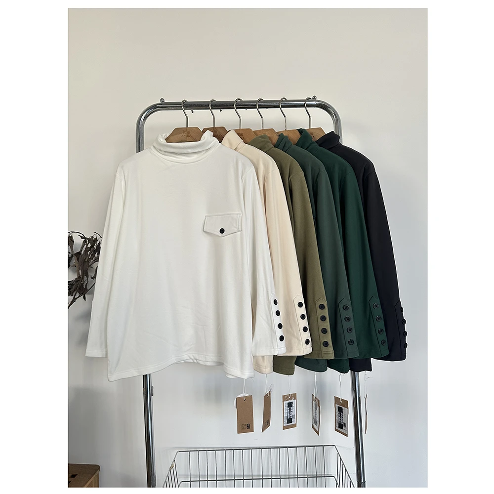 T614 秋冬新款女士时尚百搭宽松高领纽扣长袖T恤德绒打底衫