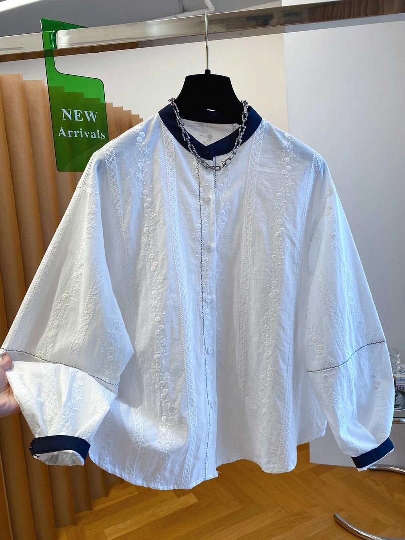 刺绣圆领衬衫女长袖2025新款高级感宽松休闲透气舒适上衣