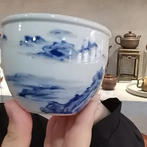 景德镇手绘青花山水缸杯