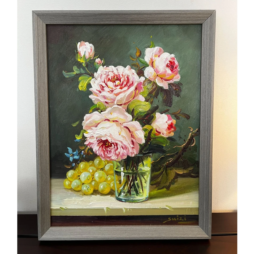 纯手绘油画#静物写生#粉色瓶插花#挂画#让您的家更添艺术气息