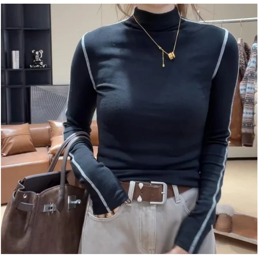 高领长袖针织衫女2025秋冬新款修身舒适百搭优雅显瘦毛衣