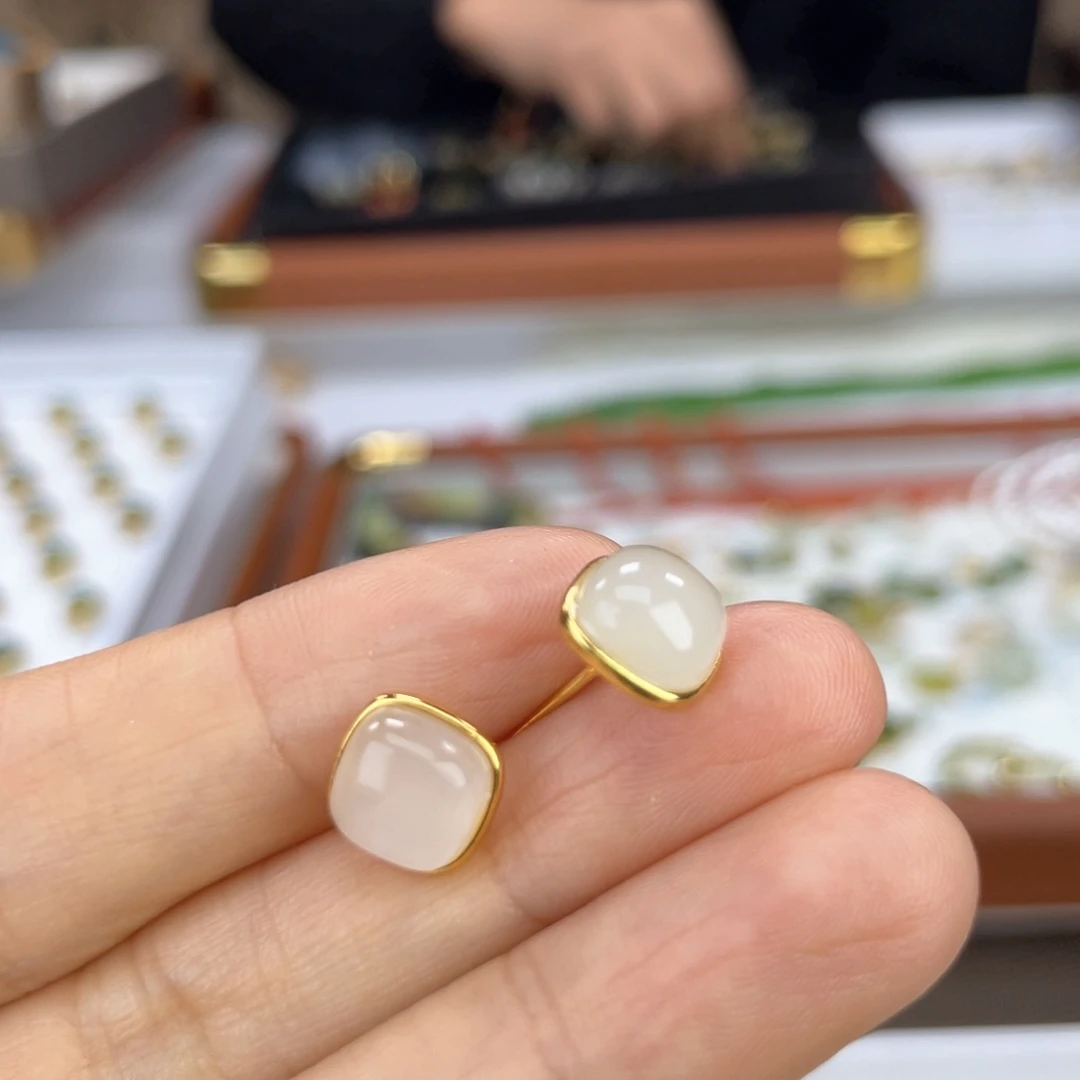银S925镶嵌和田玉耳饰卡9