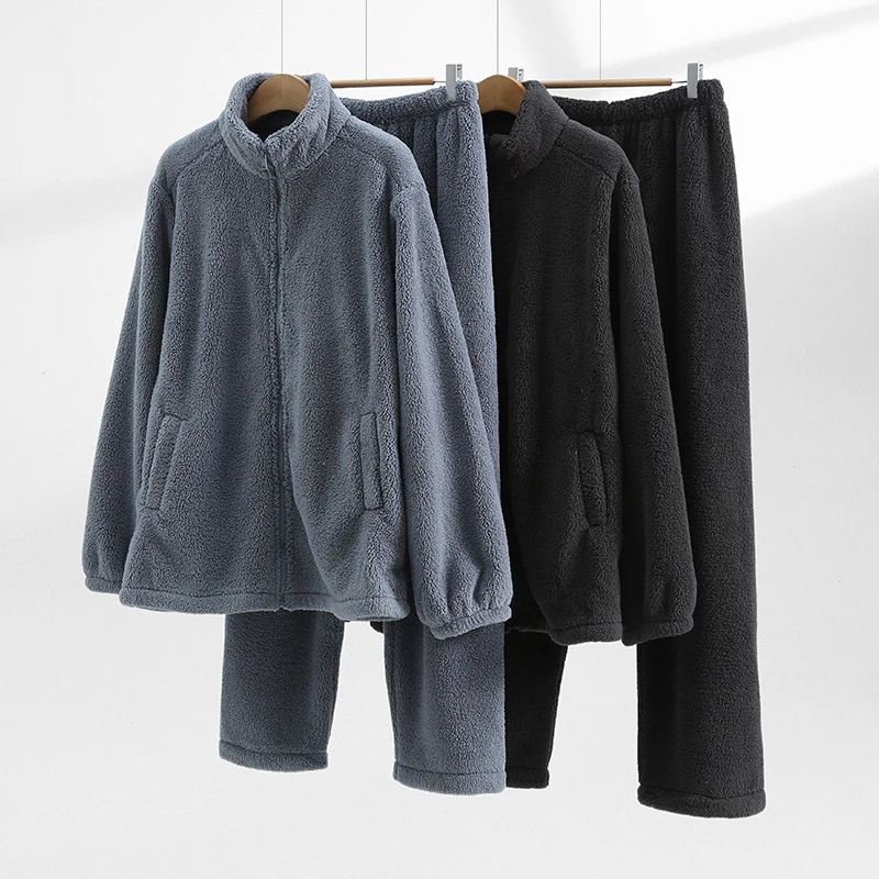 芬腾新款男士冬款睡衣珊瑚绒加绒加厚保暖长袖长裤拉链家居服套装