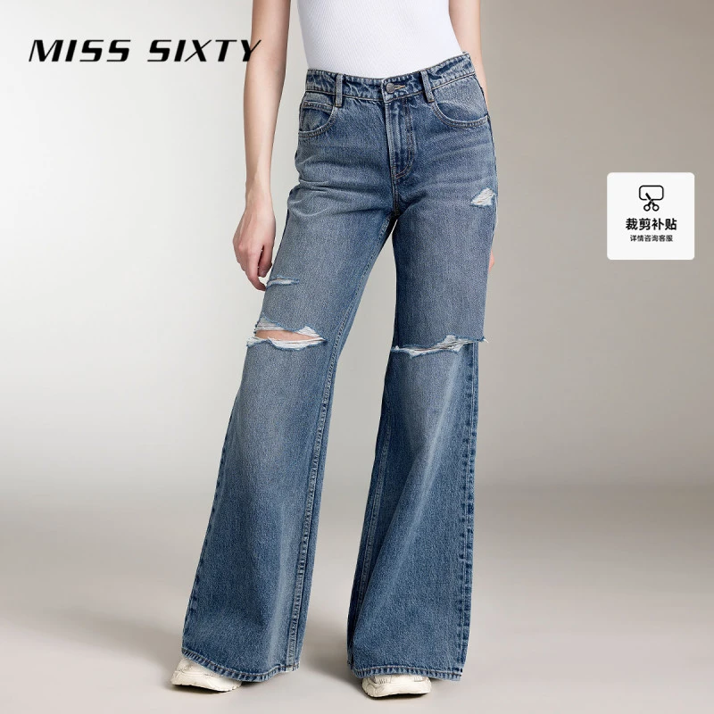 Miss Sixty牛仔裤女复古破洞宽松显瘦直筒裤雅丹风个性