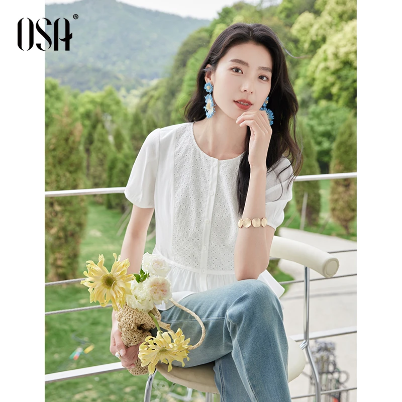 OSA/欧莎拼接镂空绣花通勤收腰白色女式衬衫短袖女夏S125B12007