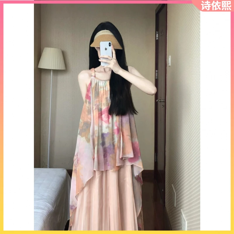 12025吊带印花多巴胺小众露肩碎花复古中长过膝连衣沙滩连衣裙l