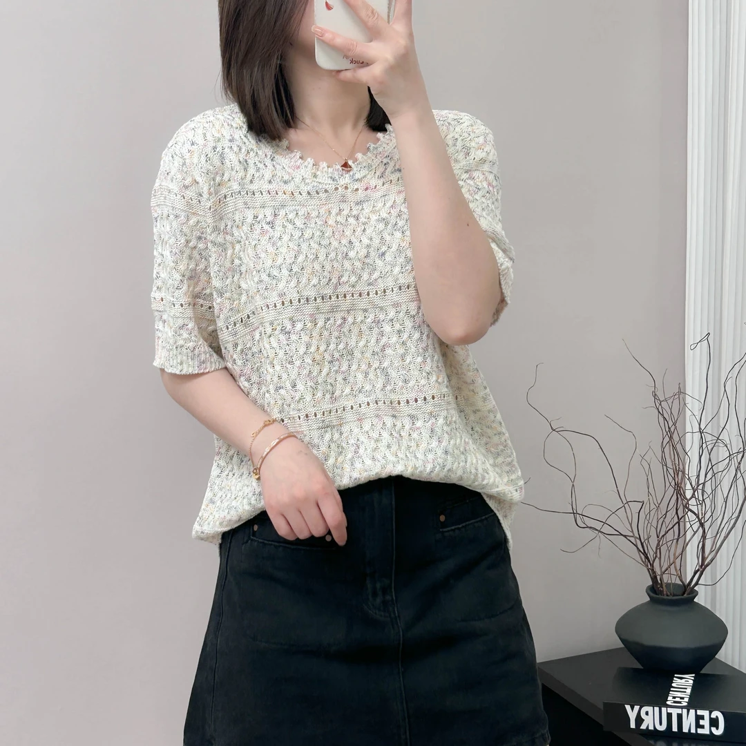 锯齿领纯色条纹镂空彩虹纱短袖针织衫春夏季新款上衣宽松韩版T恤