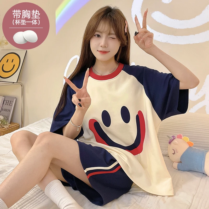 带胸垫夏季短袖笑脸女士睡衣套装可爱宽松可外穿学生款夏天家居服