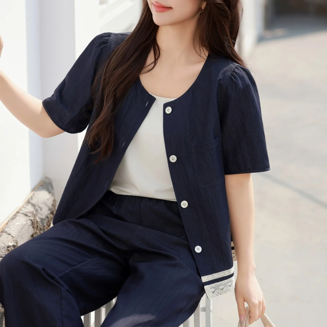 【旧韵漫裁】MsShe大码女装秋装仿牛仔拼接上衣阔腿裤套装Q2504006