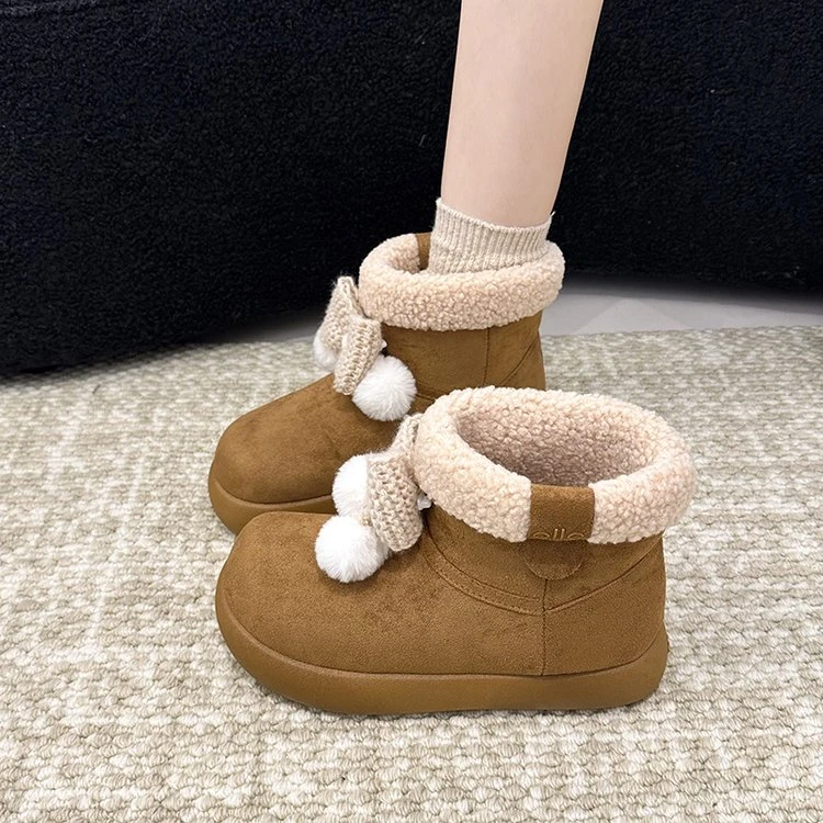 可爱蝴蝶结雪地靴女2025新款冬季复古圆头勃肯短靴厚底加绒大棉鞋