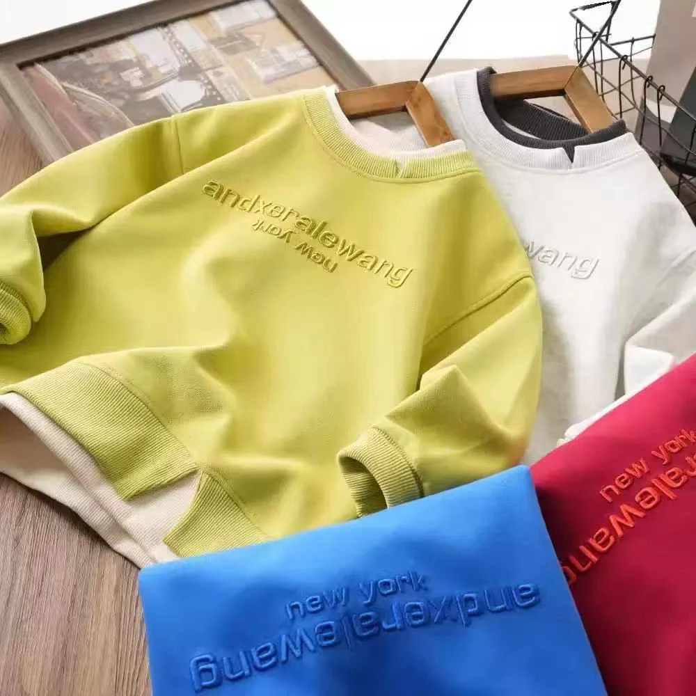 男童时尚春季新款字母刺绣假两件卫衣中大童儿童百搭上衣