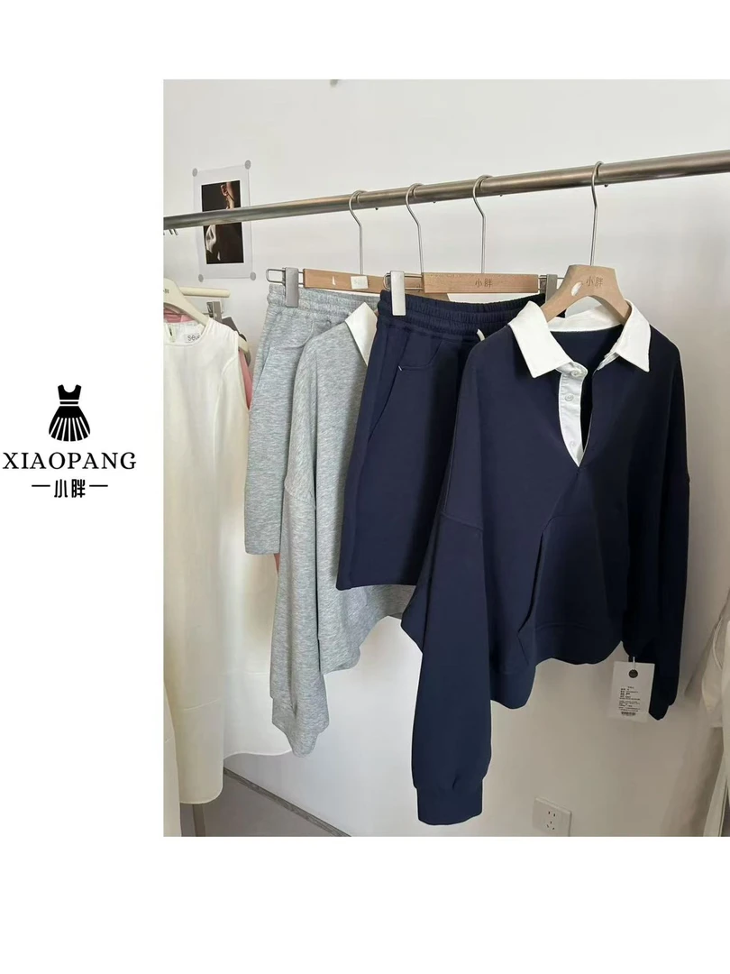 【小胖家】850371休闲拼色假两件卫衣半身裙两件套