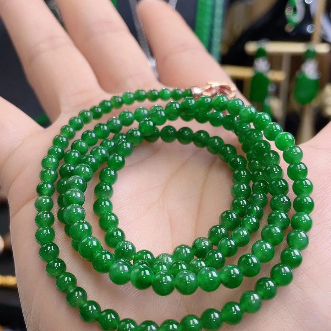 颈饰未镶嵌翡翠冰胶满辣绿小米珠链