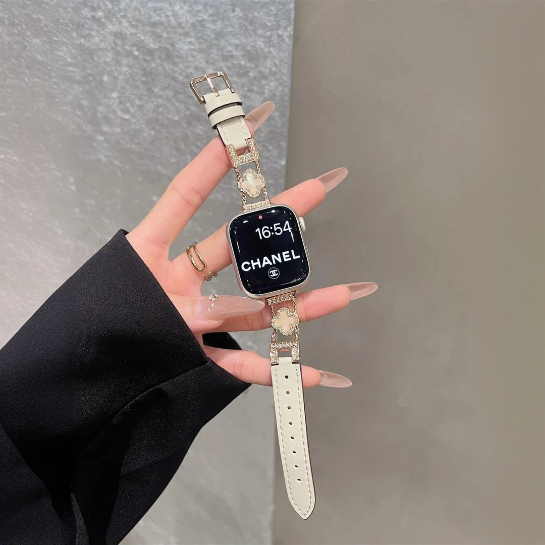 适用苹果手表iwatchs9表带新款s10细款四叶草7真皮高级se夏S8女款