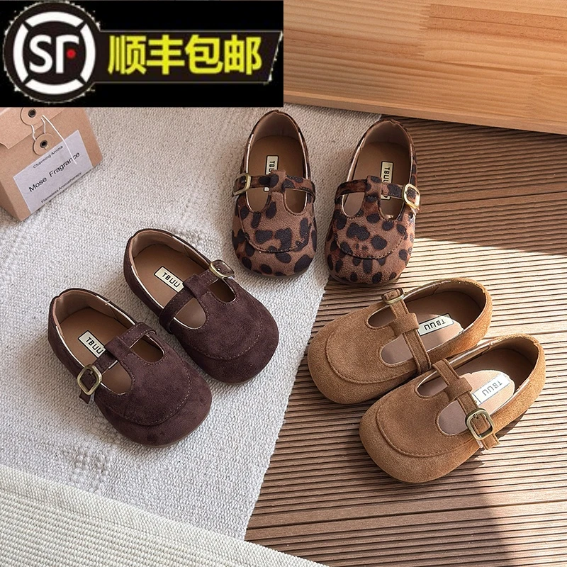 韩版女童复古美拉德棕绒面小皮鞋2025春秋新款软底百搭豹纹公主鞋