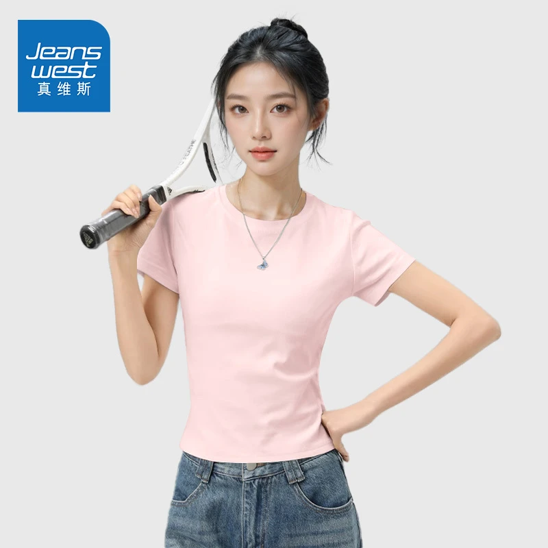 真维斯粉色多巴胺t恤女2025夏季新款正肩合身小个子显瘦圆领短袖