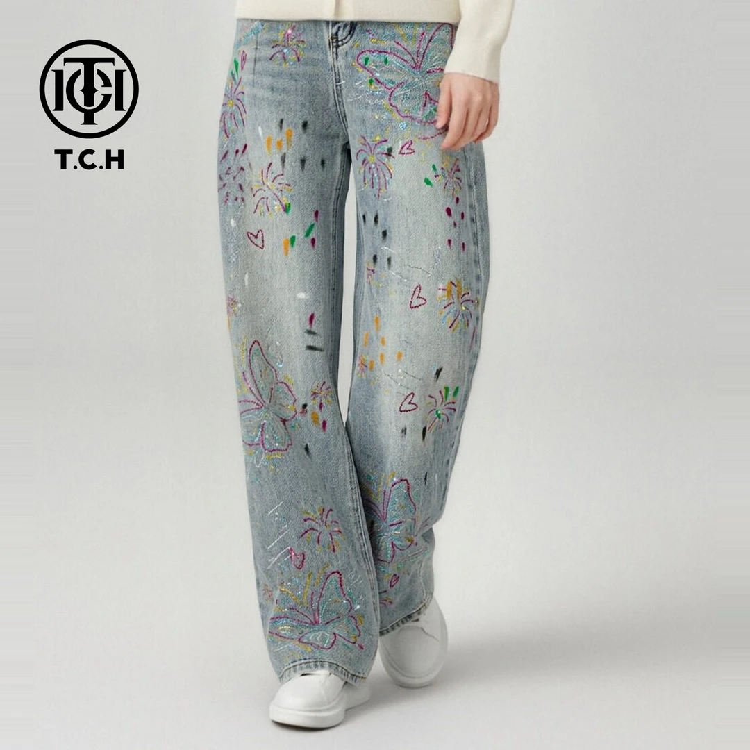 TCH【阔腿】冬款百搭时尚烫钻慵懒风蓝色阔腿牛仔裤T78A20E1026
