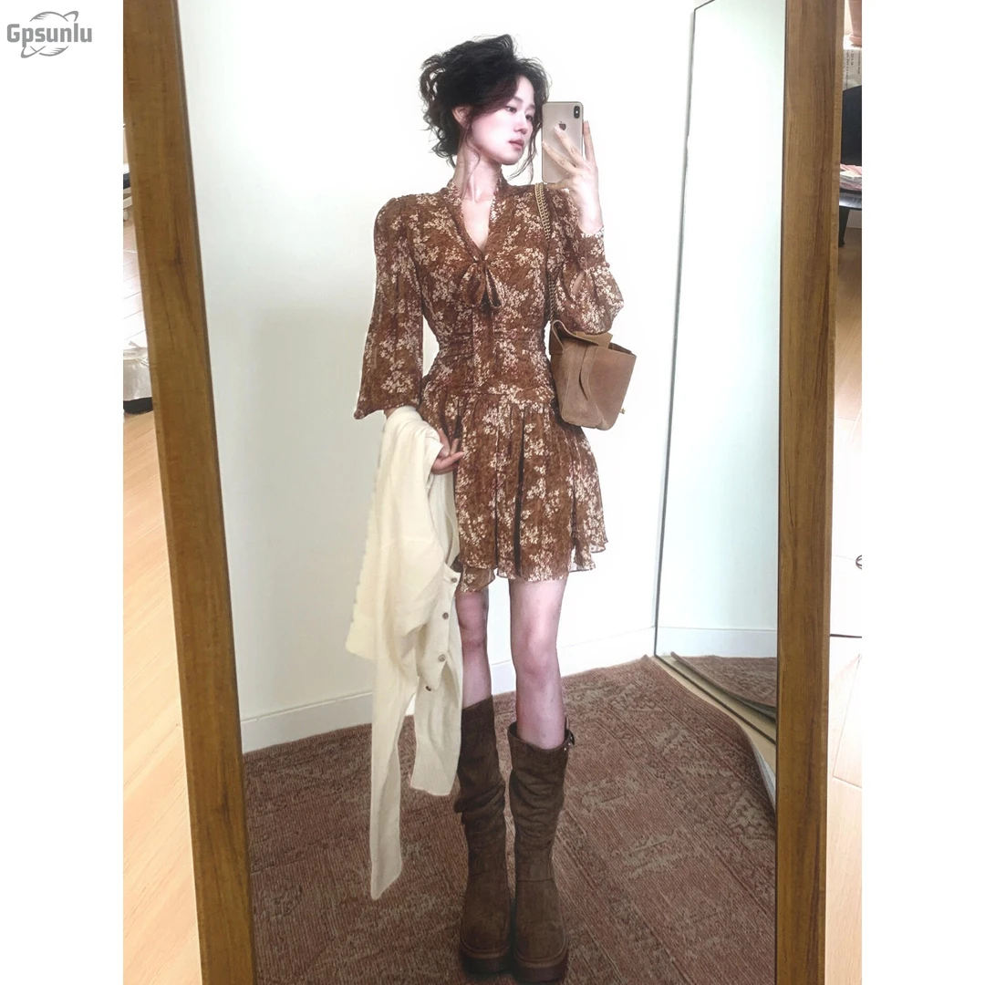gpsunlu法式气质老钱风碎花连衣裙子女秋秋季碎花长袖雪纺连衣裙