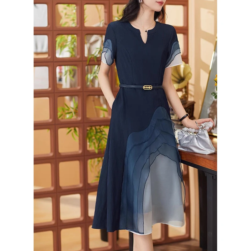 今年流行新款胖mm大码水墨拼接连衣裙气质高端中长款裙子200斤潮