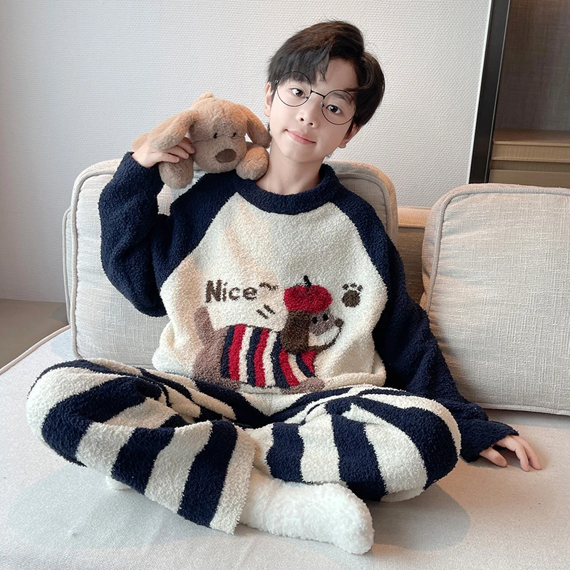 儿童睡衣秋冬男童软绵绵家居服2025秋季新款男孩半边绒套装保暖衣