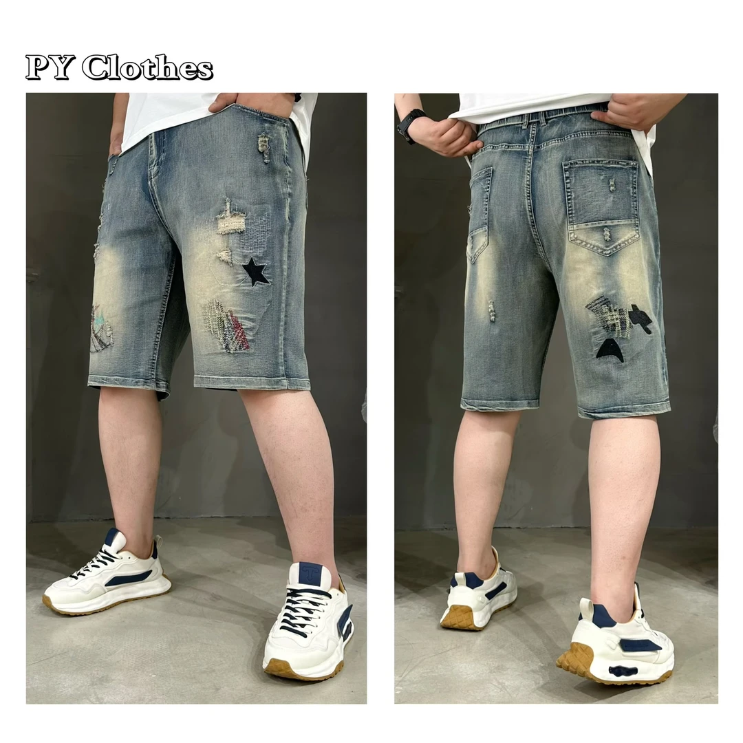 胖语大码男装 2025夏季新款百搭水洗做旧重工贴补绣牛仔短裤932#F