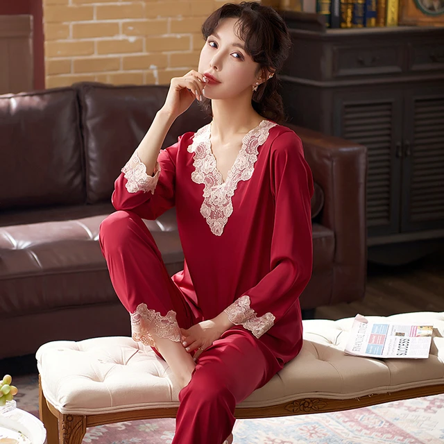 夏季冰丝睡衣女长袖蕾丝两件套新款春秋薄款丝绸家居服套装酒红色