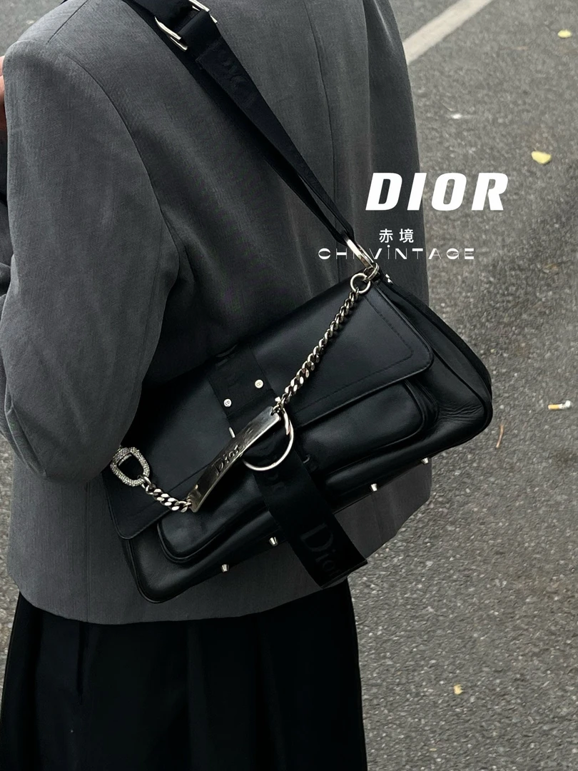 95新 DIOR/迪奥 4600 黑银闪钻龙虾扣单肩包