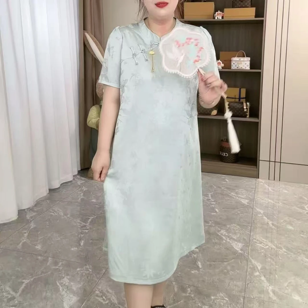 胖胖家*8898新款缎面百搭显瘦旗袍连衣裙