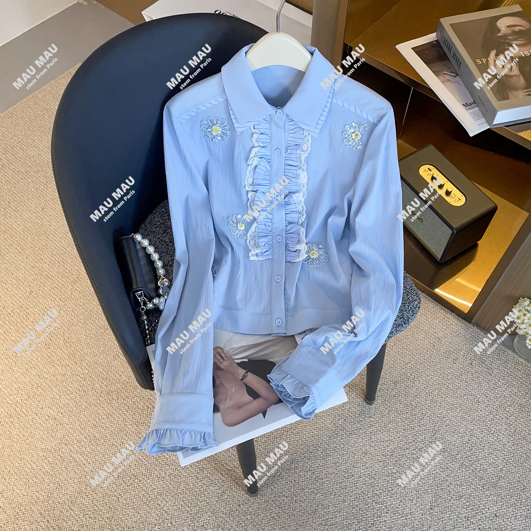 轻奢高端女装25秋季新款浅蓝色荷叶边小花菊衬衫上衣DY9063