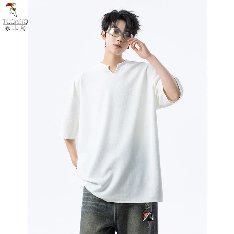 啄木鸟男装2025青少年亨利领坑条肌理感夏季T恤男宽松潮流V领上衣