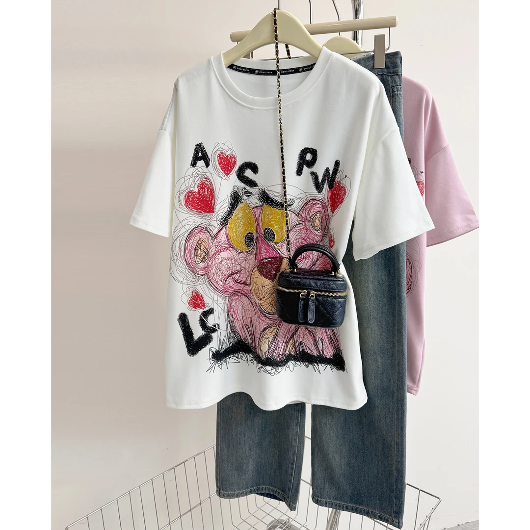 潮牌爆款短袖t恤女2025新款夏季宽松中长款洋气印花欧货大版体恤