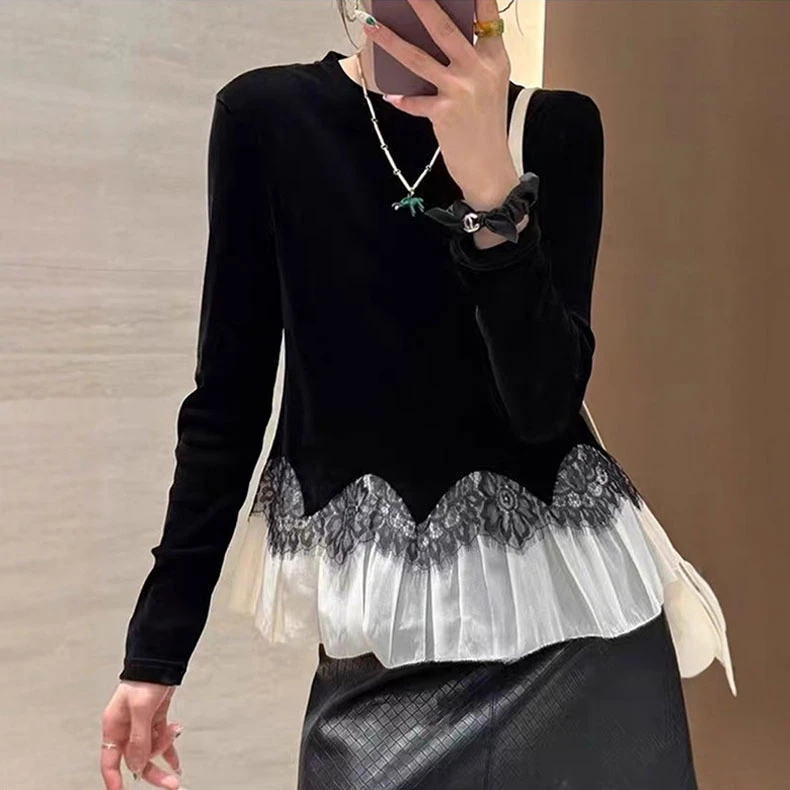 欧洲站名媛蕾丝荷叶边丝绒T恤女秋冬季新款百搭上衣高端法式小衫