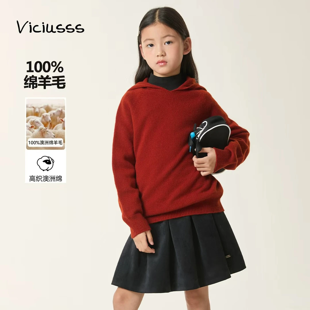 viciusss丸社女童针织衫连帽套头2025新款秋装打底红色毛衣羊毛衫